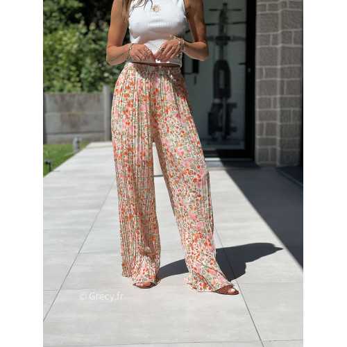 Pantalon plissé fleuri orange vert élastique taille mode tendance grecy printemps été 2025 basique intemporel