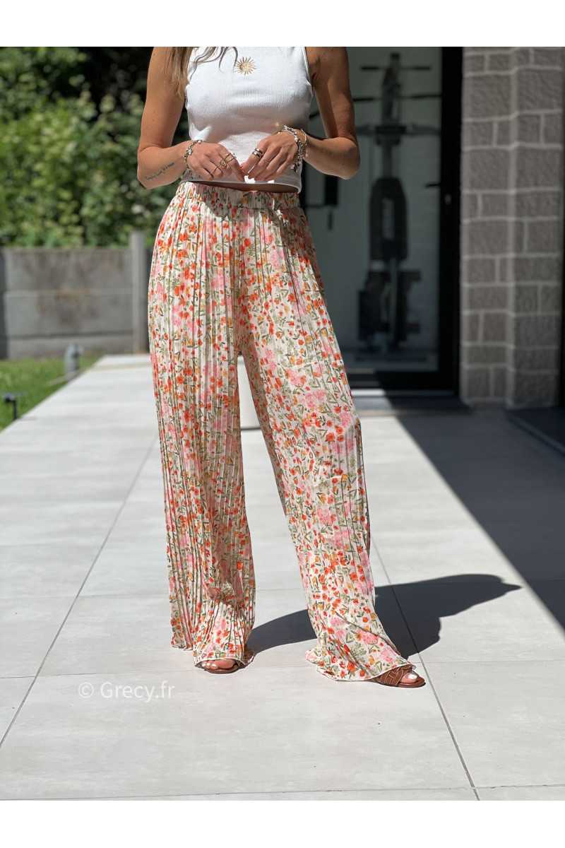 Pantalon plissé fleuri orange vert élastique taille mode tendance grecy printemps été 2025 basique intemporel