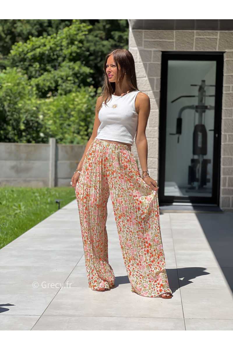 Pantalon plissé fleuri orange vert élastique taille mode tendance grecy printemps été 2025 basique intemporel
