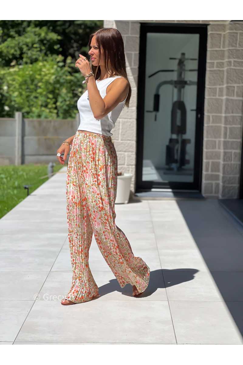 Pantalon plissé fleuri orange vert élastique taille mode tendance grecy printemps été 2025 basique intemporel