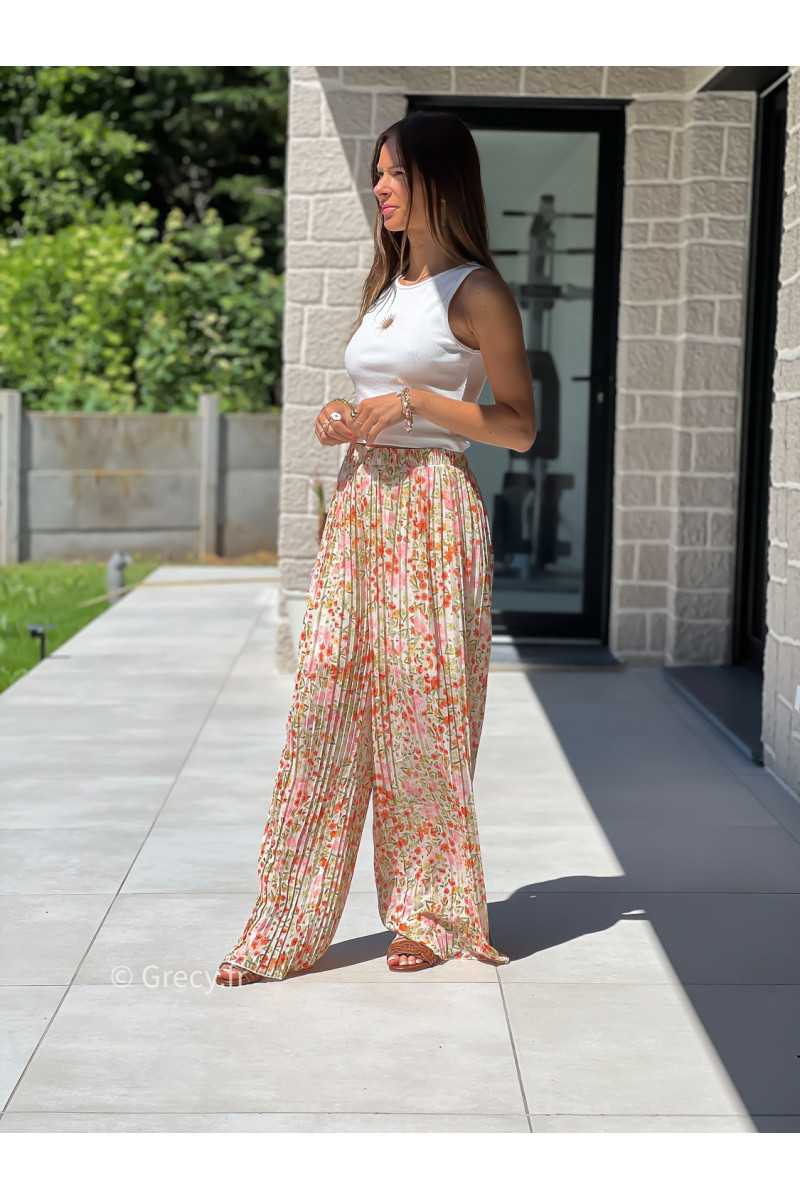 Pantalon plissé fleuri orange vert élastique taille mode tendance grecy printemps été 2025 basique intemporel