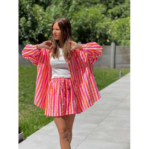 Chemise oversize rayures rose orange coloré ensemble avec short mode tendance grecy printemps été 2025 basique intemporel