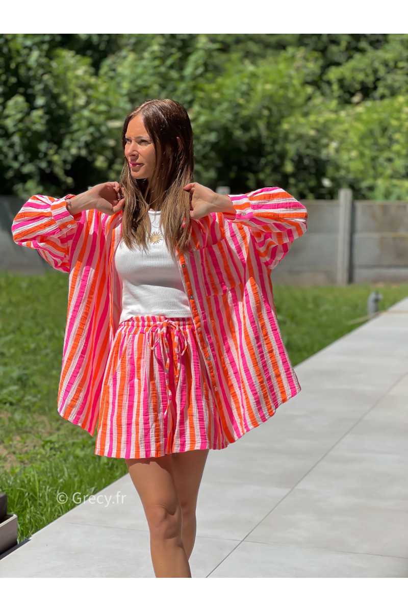Chemise oversize rayures rose orange coloré ensemble avec short mode tendance grecy printemps été 2025 basique intemporel