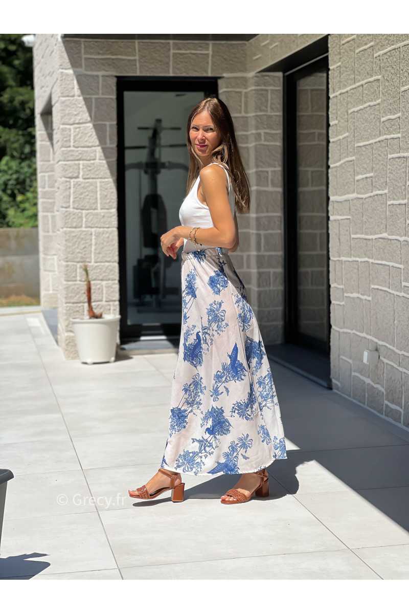 Jupe longue toile de jouy bleu blanc mode tendance grecy printemps été 2025 basique intemporel