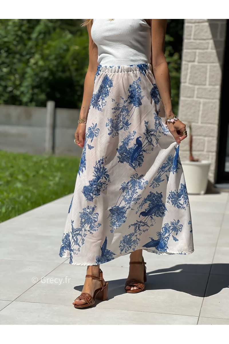 Jupe longue toile de jouy bleu blanc mode tendance grecy printemps été 2025 basique intemporel