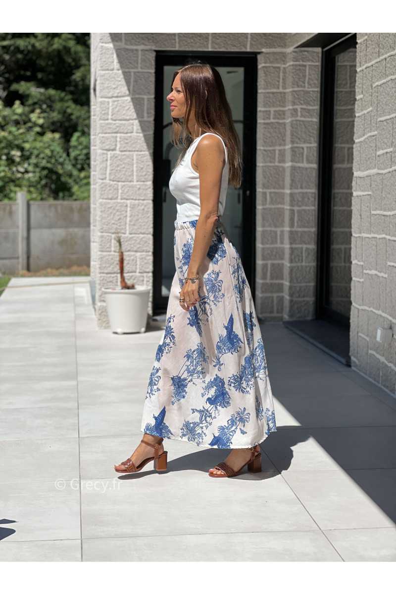 Jupe longue toile de jouy bleu blanc mode tendance grecy printemps été 2025 basique intemporel