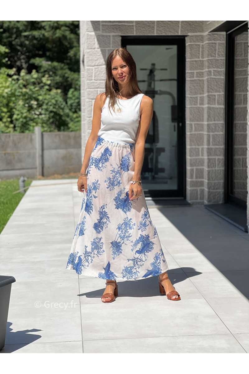 Jupe longue toile de jouy bleu blanc mode tendance grecy printemps été 2025 basique intemporel