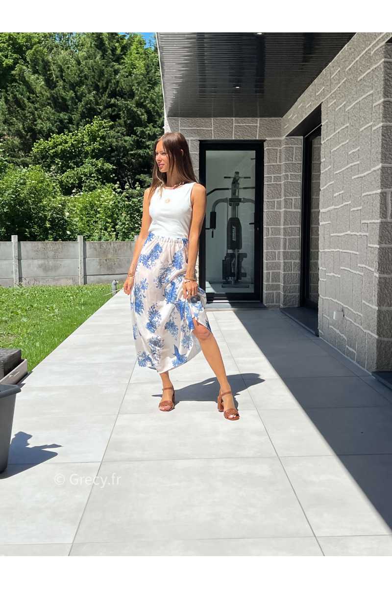 Jupe longue toile de jouy bleu blanc mode tendance grecy printemps été 2025 basique intemporel