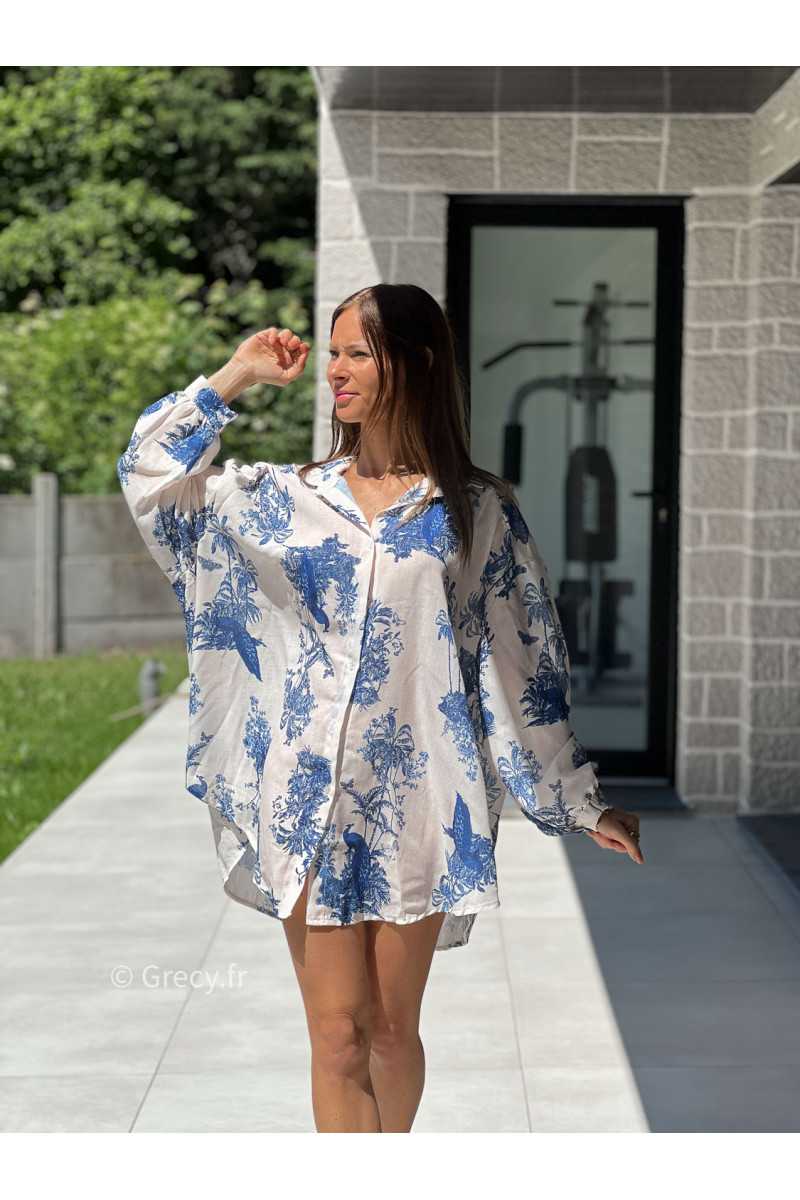Chemise oversize toile de jouy bleu blanc mode tendance grecy printemps été 2025 basique intemporel
