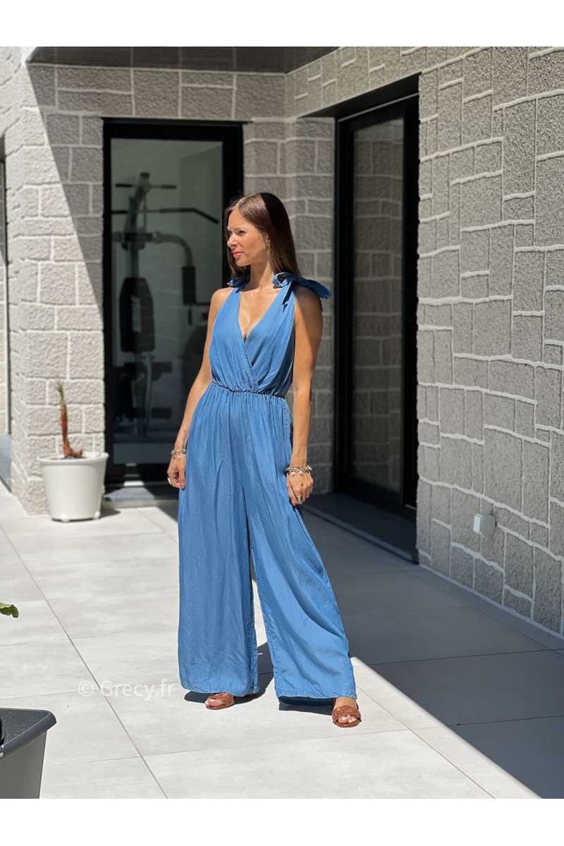 Combinaison effet bleu denim foncé tendance grecy printemps été 2025 basique intemporel