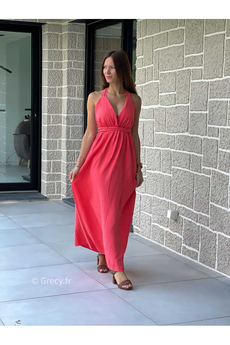 Robe longue gaze de coton corail printemps été mode tendance grecy zara mango