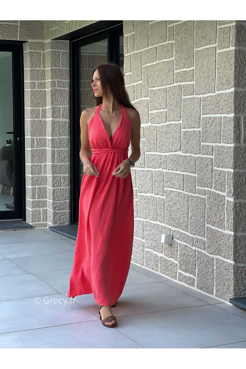 Robe longue gaze de coton corail printemps été mode tendance grecy zara mango