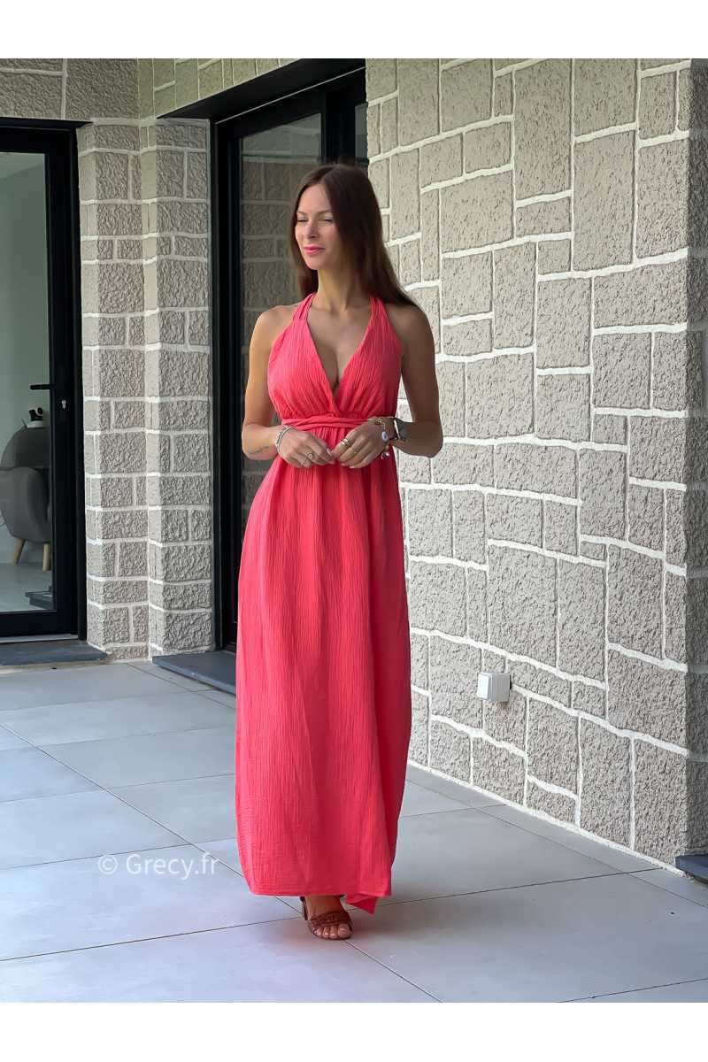 Robe longue gaze de coton corail printemps été mode tendance grecy zara mango