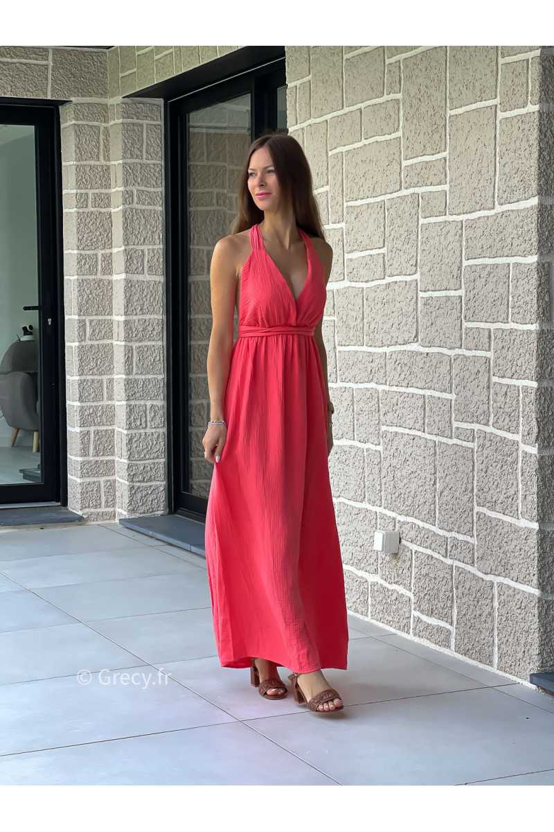Robe longue gaze de coton corail printemps été mode tendance grecy zara mango