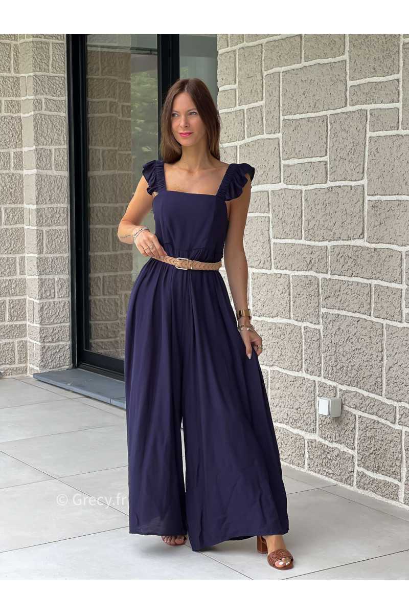 Combinaison pantalon bretelles volants bleu marine printemps été mode tendance grecy zara mango