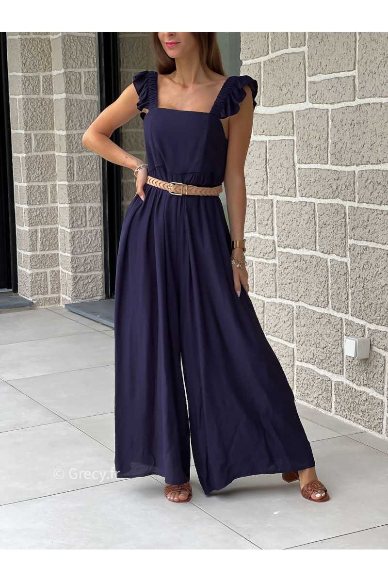 Combinaison pantalon bretelles volants bleu marine printemps été mode tendance grecy zara mango