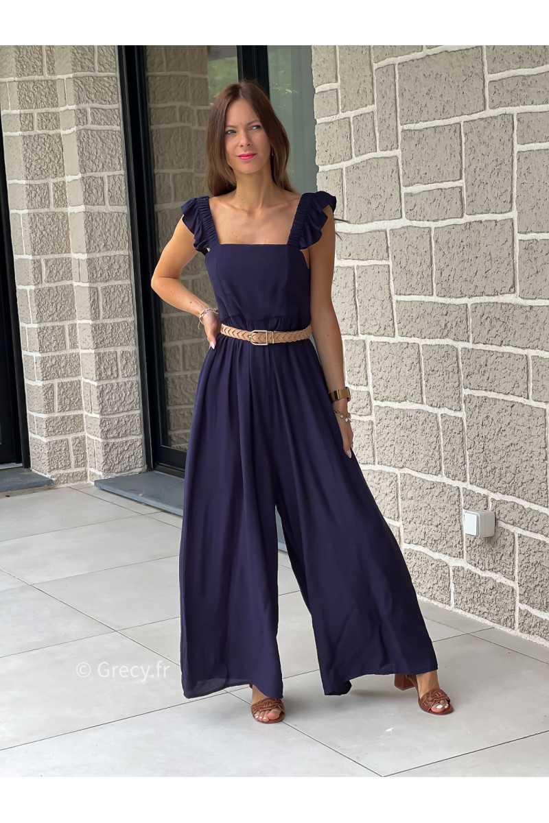 Combinaison pantalon bretelles volants bleu marine printemps été mode tendance grecy zara mango