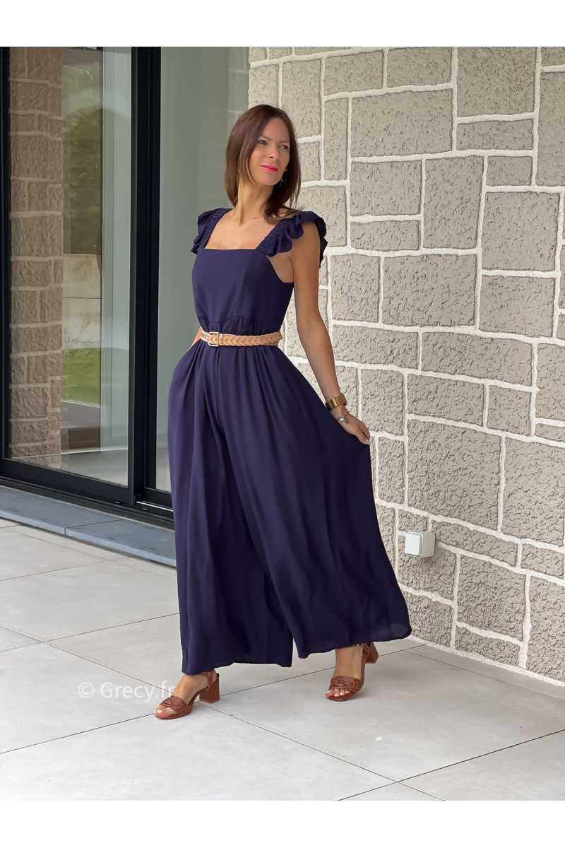 Combinaison pantalon bretelles volants bleu marine printemps été mode tendance grecy zara mango