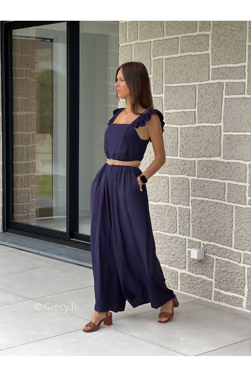 Combinaison pantalon bretelles volants bleu marine printemps été mode tendance grecy zara mango