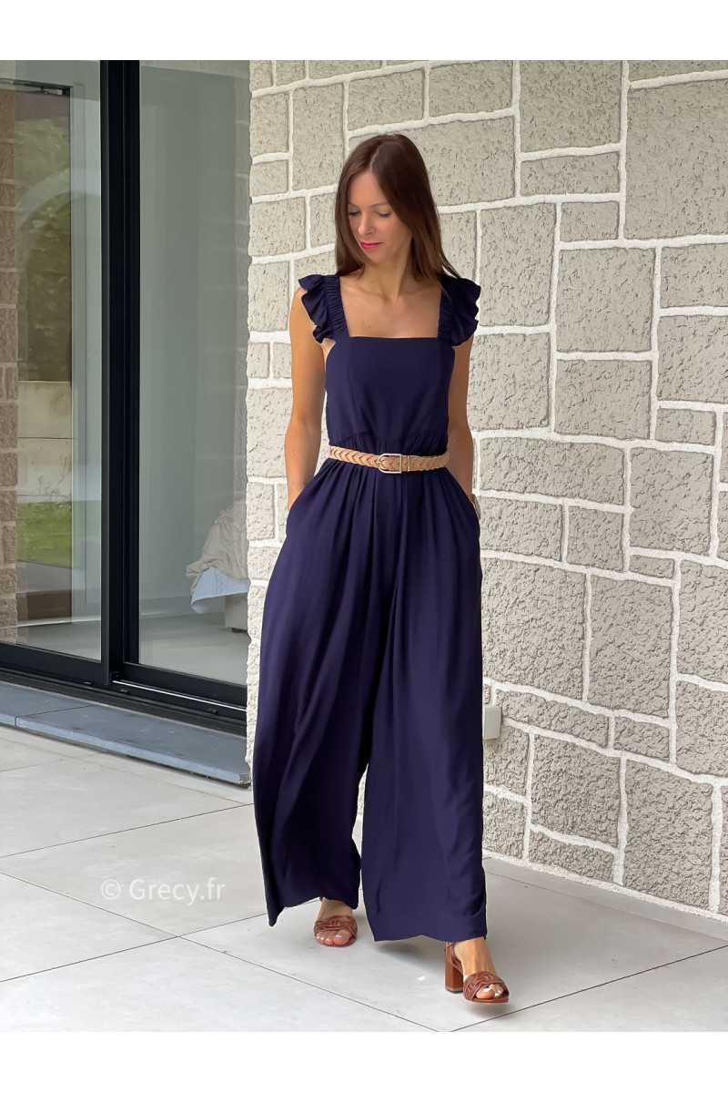 Combinaison pantalon bretelles volants bleu marine printemps été mode tendance grecy zara mango