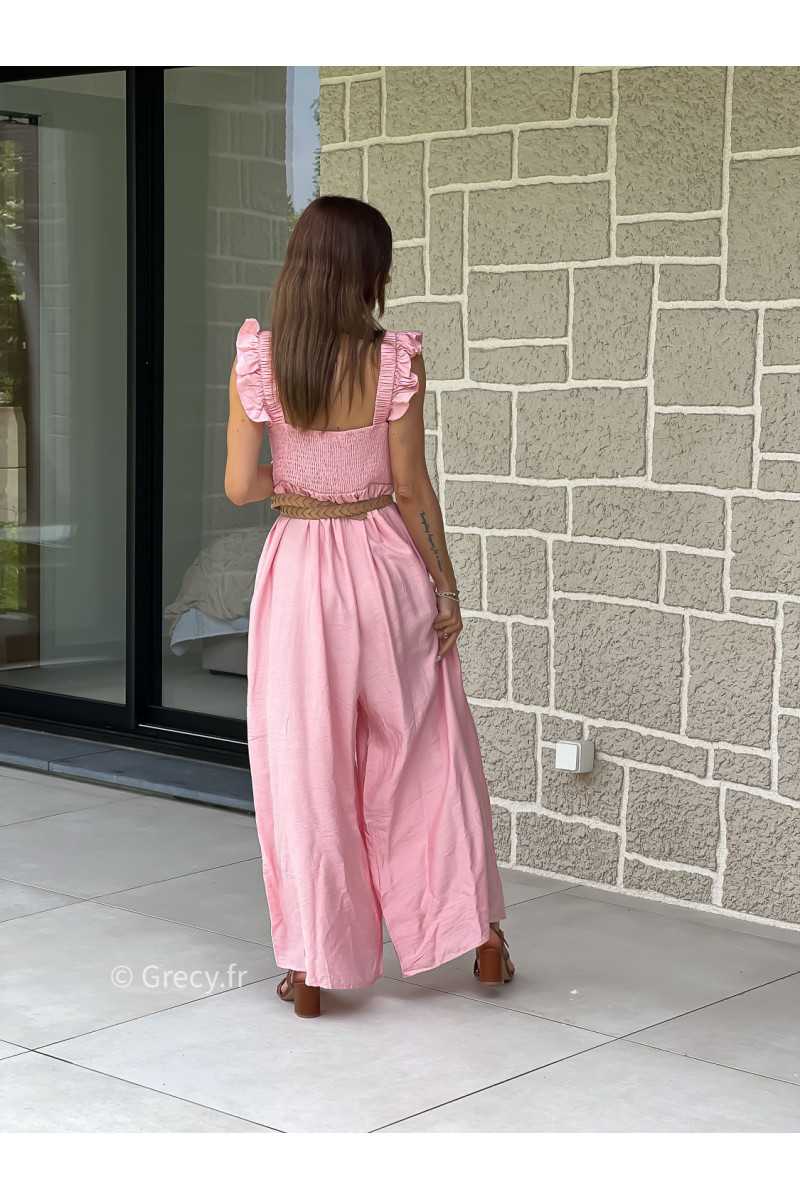 Combinaison pantalon bretelles volants rose printemps été mode tendance grecy zara mango