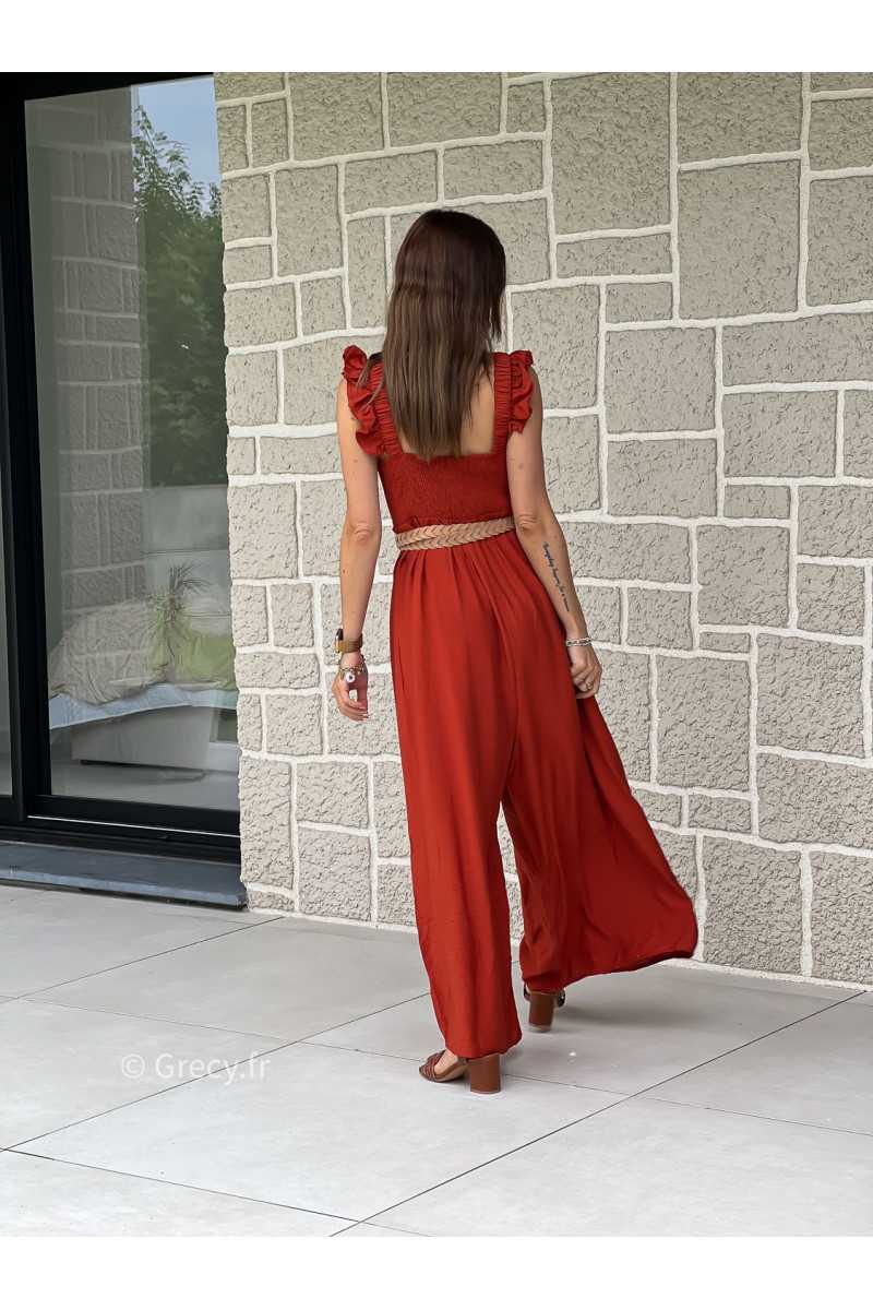 Combinaison pantalon bretelles volants terracotta printemps été mode tendance grecy zara mango