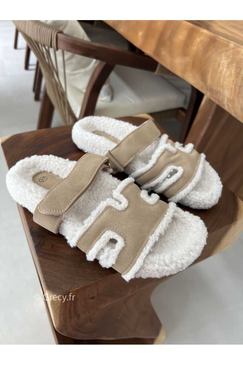 Claquettes douillettes beige grecy chaussures été 2025 chaussons pantoufles