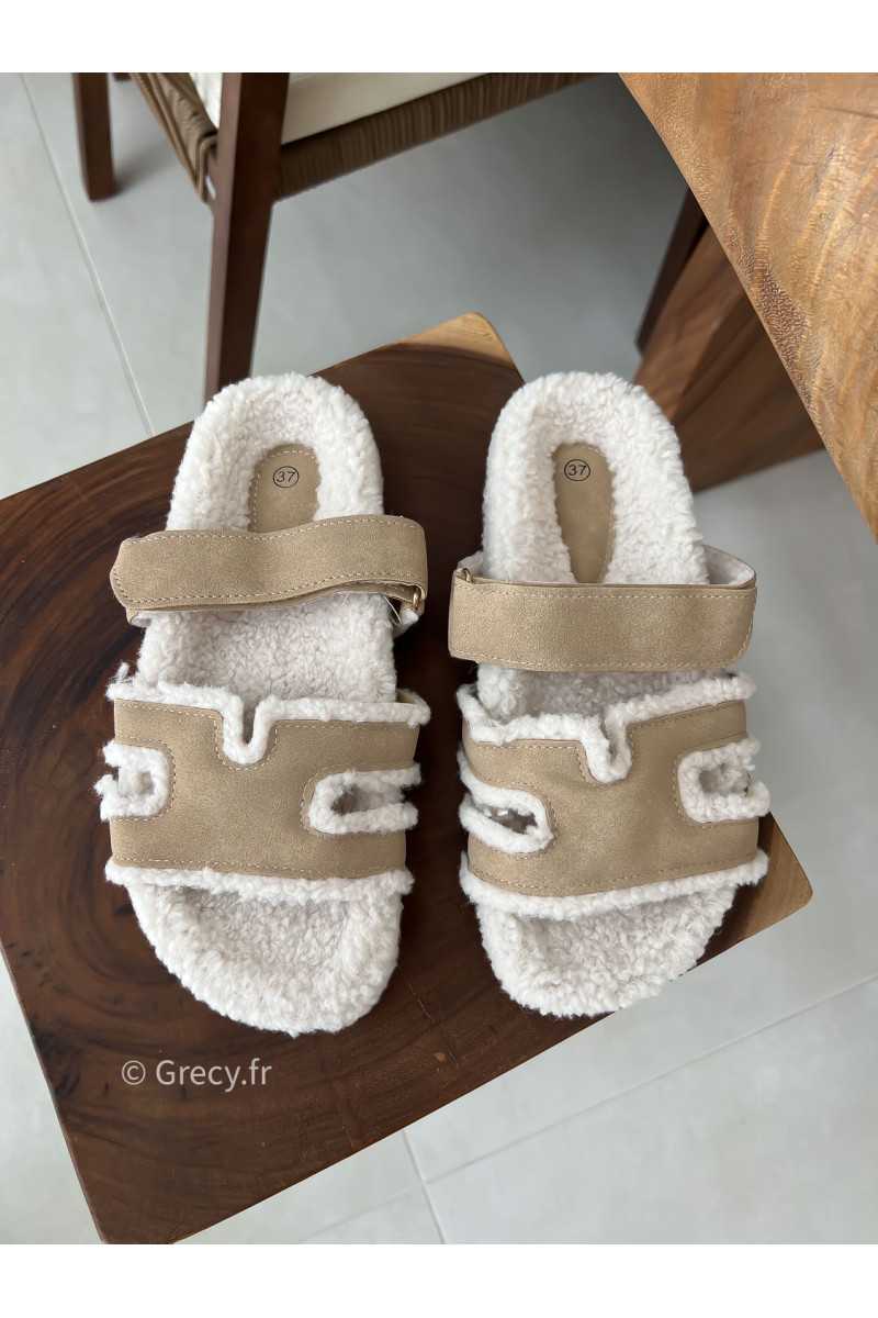 Claquettes douillettes beige grecy chaussures été 2025 chaussons pantoufles