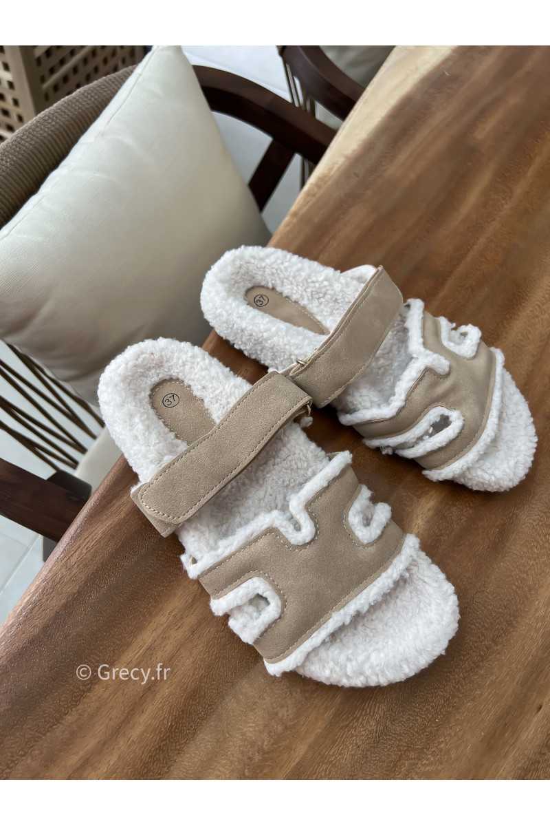 Claquettes douillettes beige grecy chaussures été 2025 chaussons pantoufles