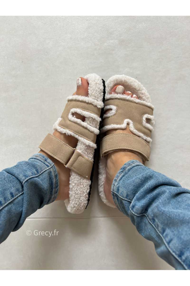 Claquettes douillettes beige grecy chaussures été 2025 chaussons pantoufles