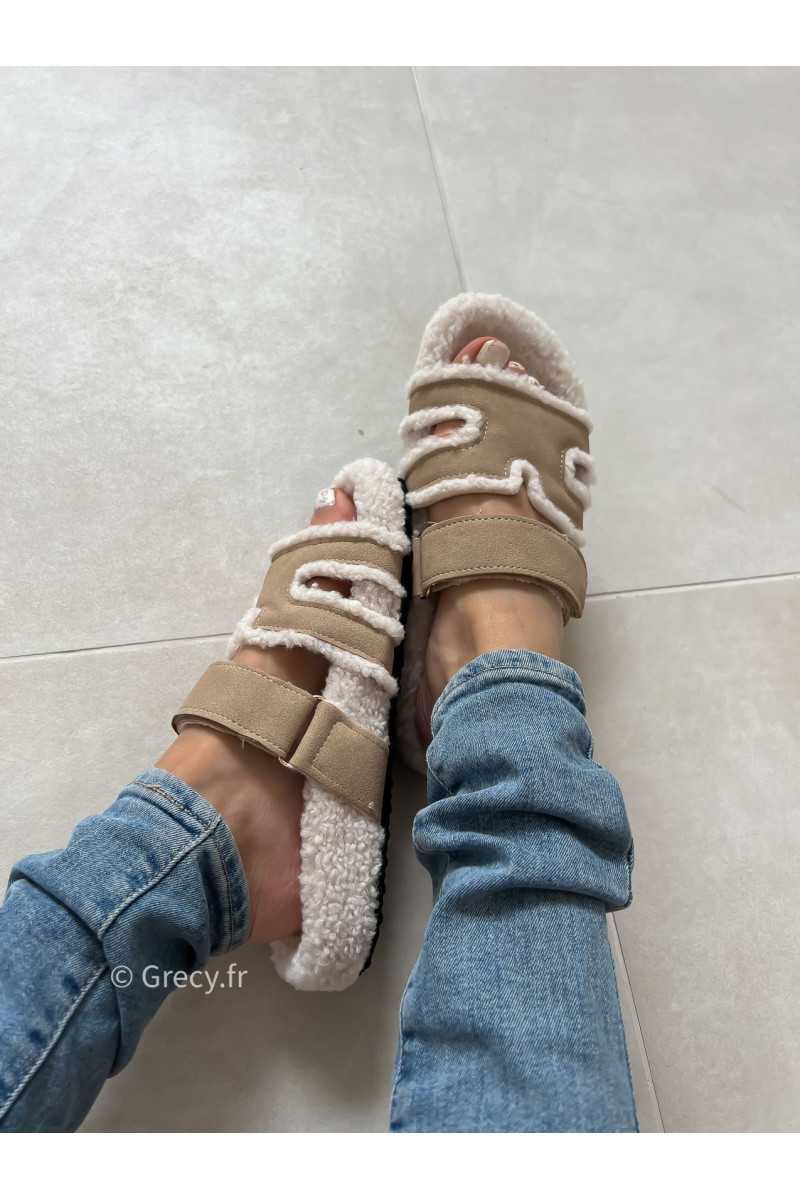Claquettes douillettes beige grecy chaussures été 2025 chaussons pantoufles
