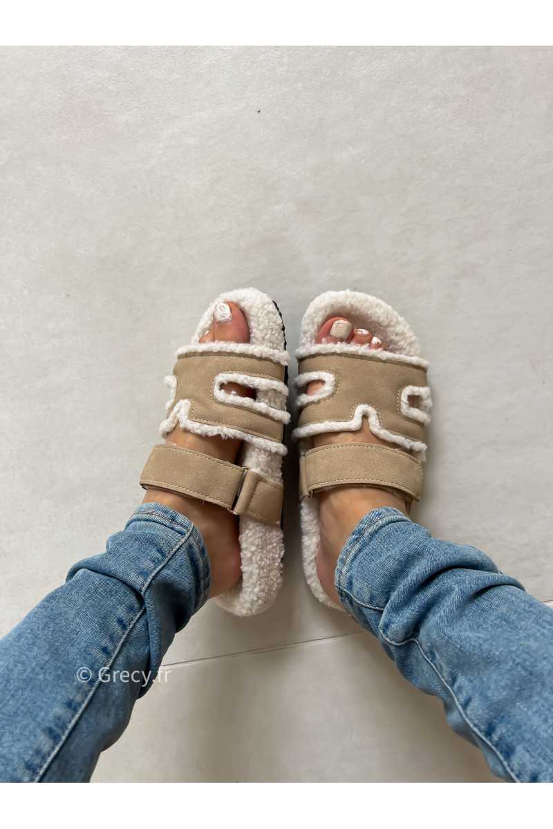 Claquettes douillettes beige grecy chaussures été 2025 chaussons pantoufles
