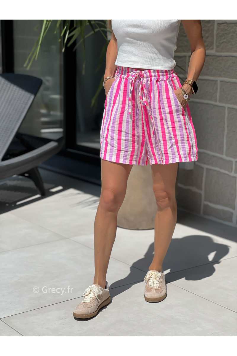 Short rayures rose violet coloré gaze de coton mode tendance grecy printemps été 2025 basique intemporel