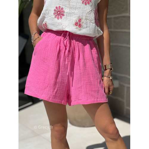 Short rose gaze de coton mode printemps été boutons ceinture grecy look ootd
