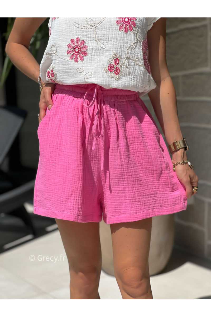 Short rose gaze de coton mode printemps été boutons ceinture grecy look ootd