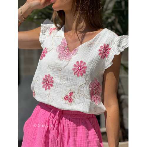Top gaze de coton fleurs roses broderies ensemble look grecy mode tendance printemps été 2025