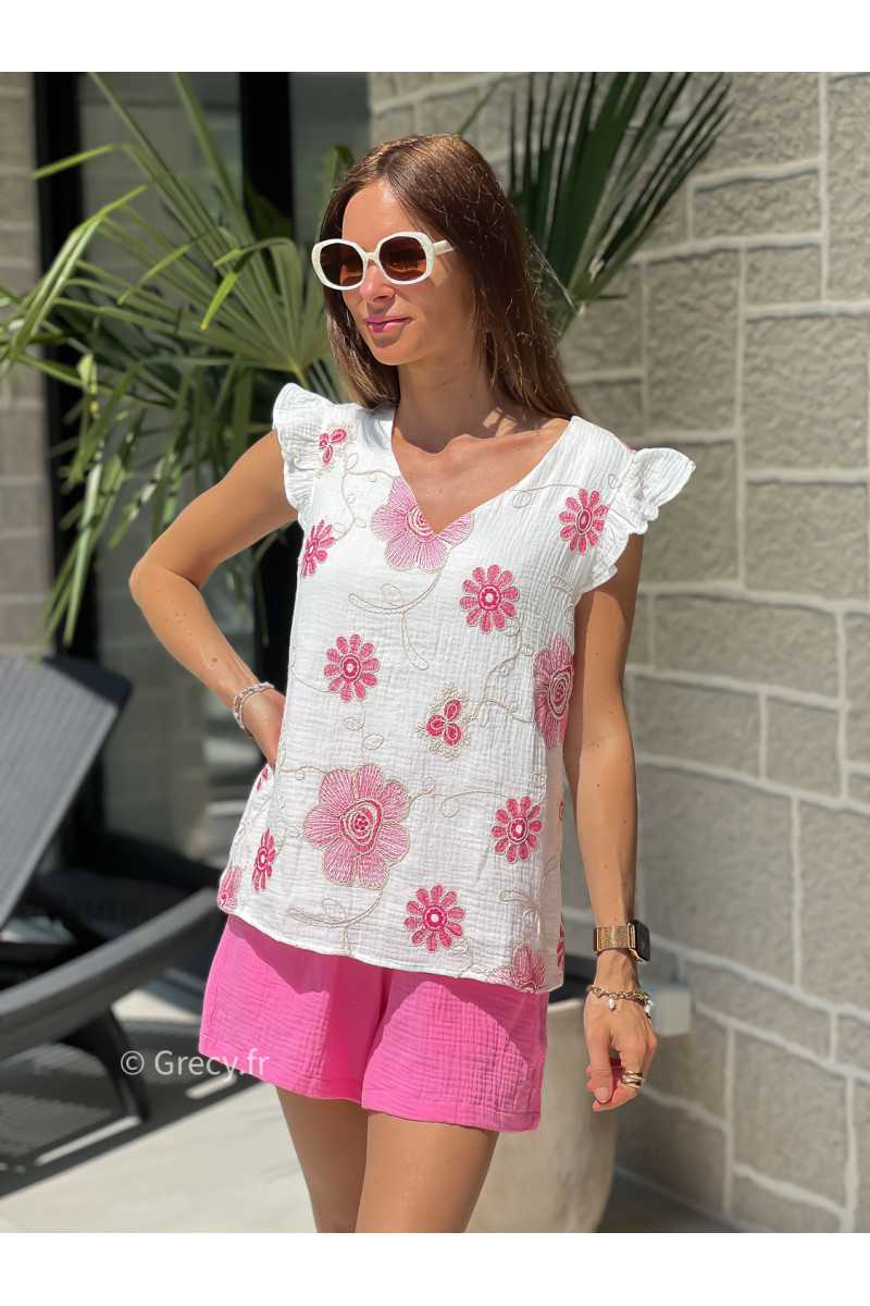 Top gaze de coton fleurs roses broderies ensemble look grecy mode tendance printemps été 2025