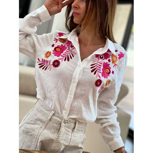 Chemise gaze de coton fleurie manches longues