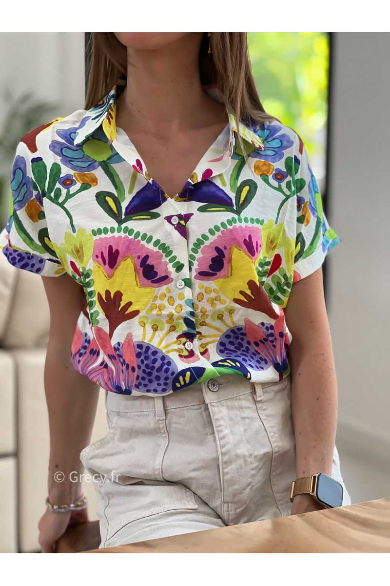 Chemisier coloré fleuri manches courtes mode tendance grecy ootd outfit look rose printemps été 2025