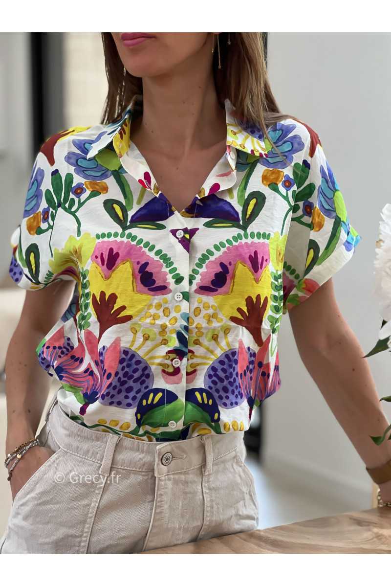 Chemisier coloré fleuri manches courtes mode tendance grecy ootd outfit look rose printemps été 2025