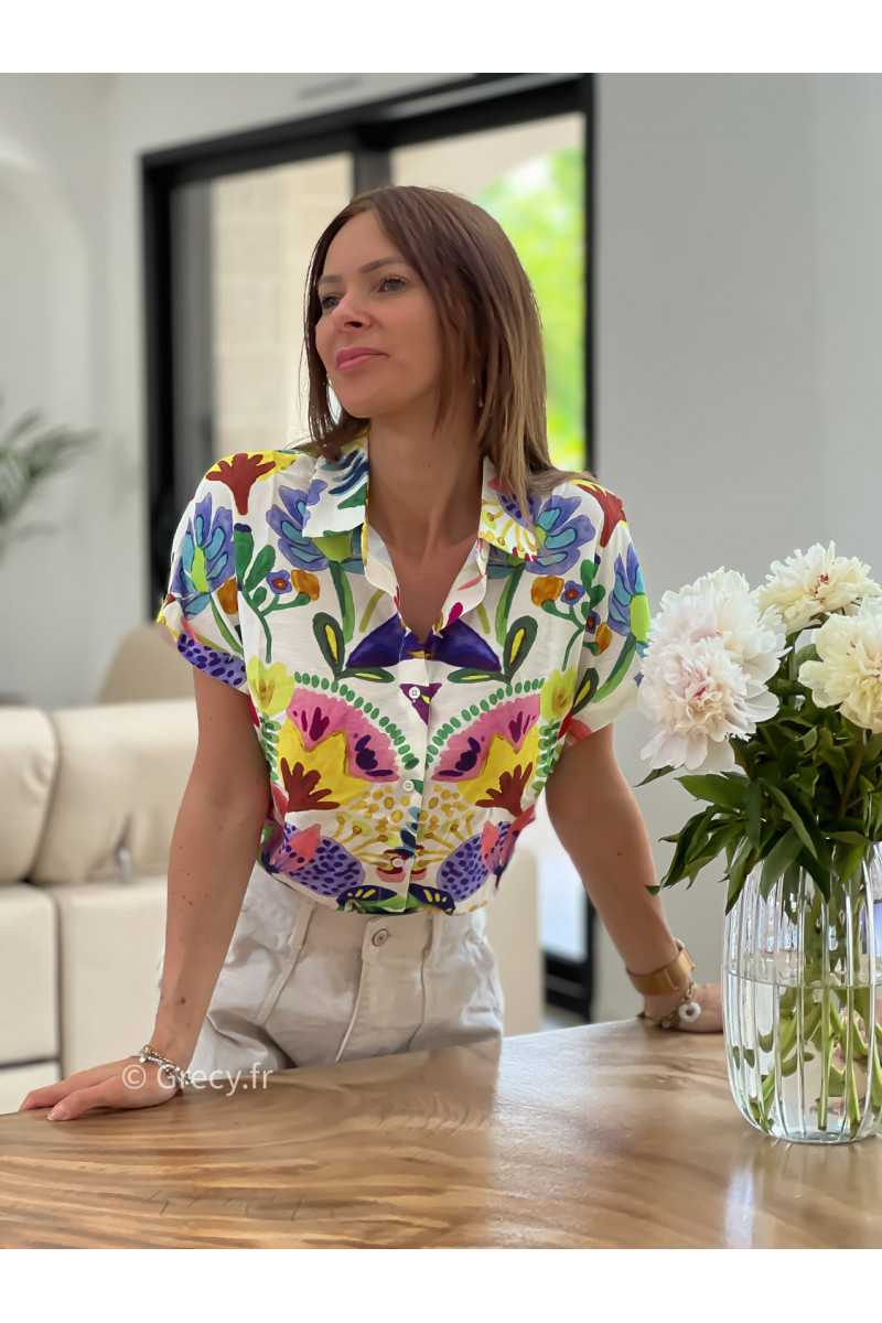 Chemisier coloré fleuri manches courtes mode tendance grecy ootd outfit look rose printemps été 2025