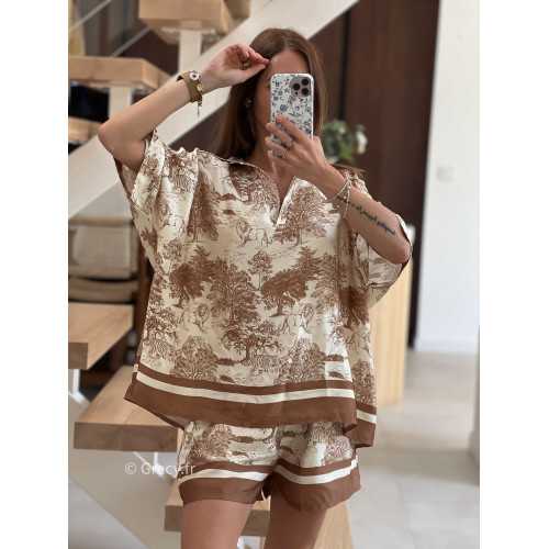 blouse beige col ouvert soie toile de jouy motif manches courtes douce oversize large grecy mode tenue ensemble