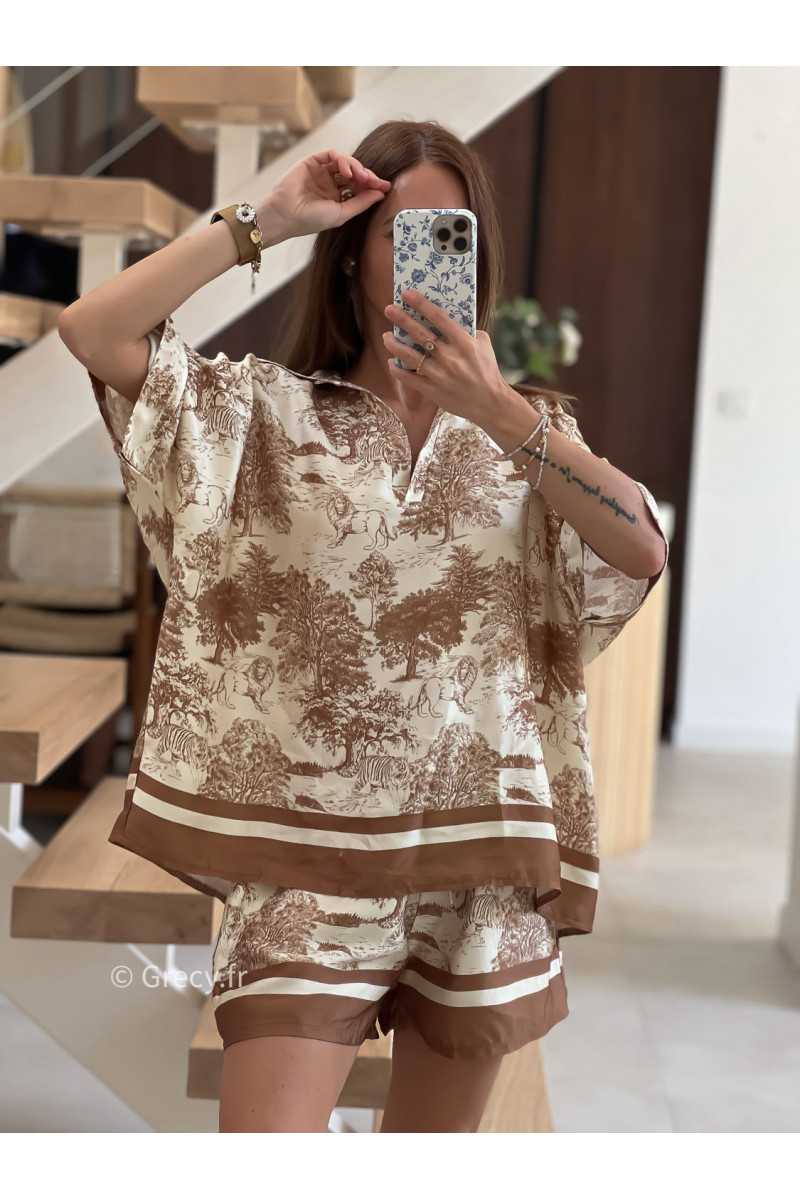 blouse beige col ouvert soie toile de jouy motif manches courtes douce oversize large grecy mode tenue ensemble