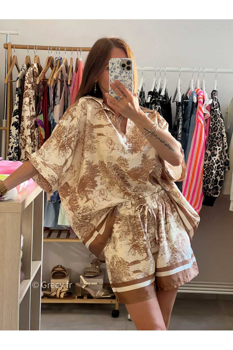 short soie toile de jouy beige mode look grecy qualité intemporel ootd tendance chic