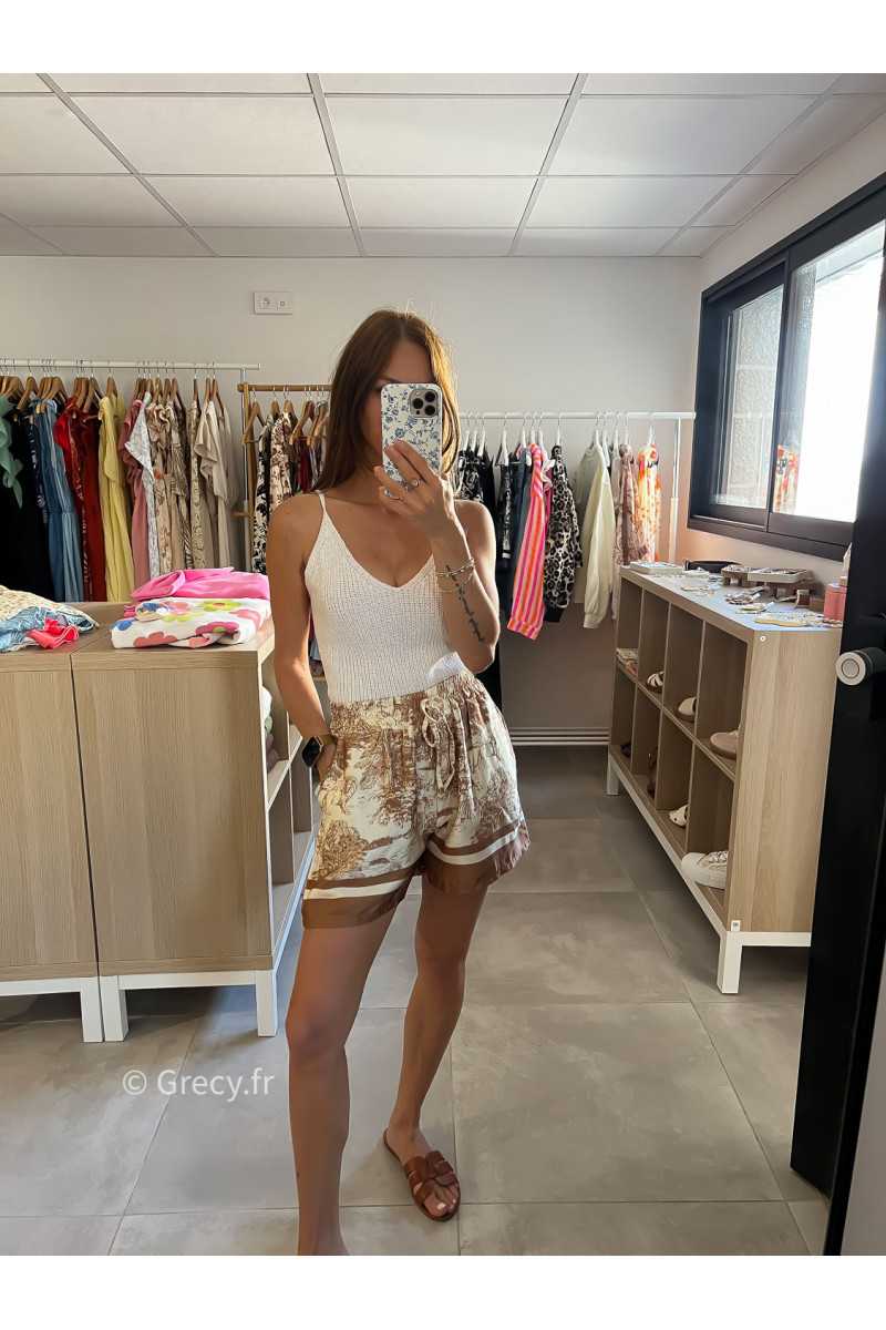short soie toile de jouy beige mode look grecy qualité intemporel ootd tendance chic