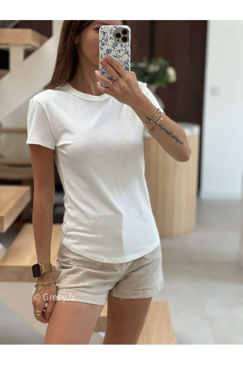 t-shirt épais blanc côtelé basique intemporel prêt du corps cintré col rond mode tendance grecy été 2025