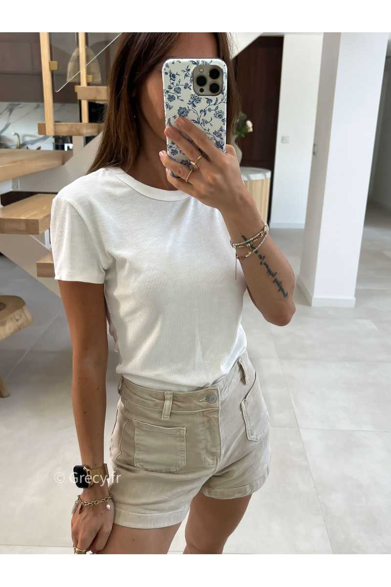 t-shirt épais blanc côtelé basique intemporel prêt du corps cintré col rond mode tendance grecy été 2025