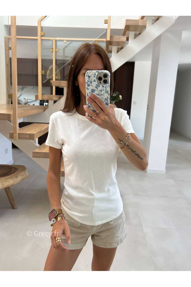 t-shirt épais blanc côtelé basique intemporel prêt du corps cintré col rond mode tendance grecy été 2025