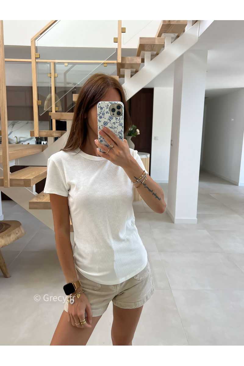 t-shirt épais blanc côtelé basique intemporel prêt du corps cintré col rond mode tendance grecy été 2025