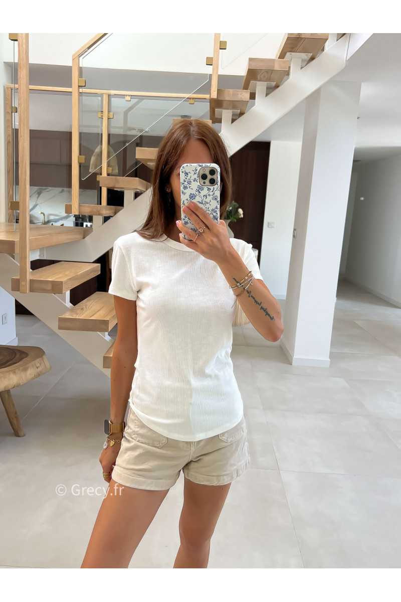 t-shirt épais blanc côtelé basique intemporel prêt du corps cintré col rond mode tendance grecy été 2025